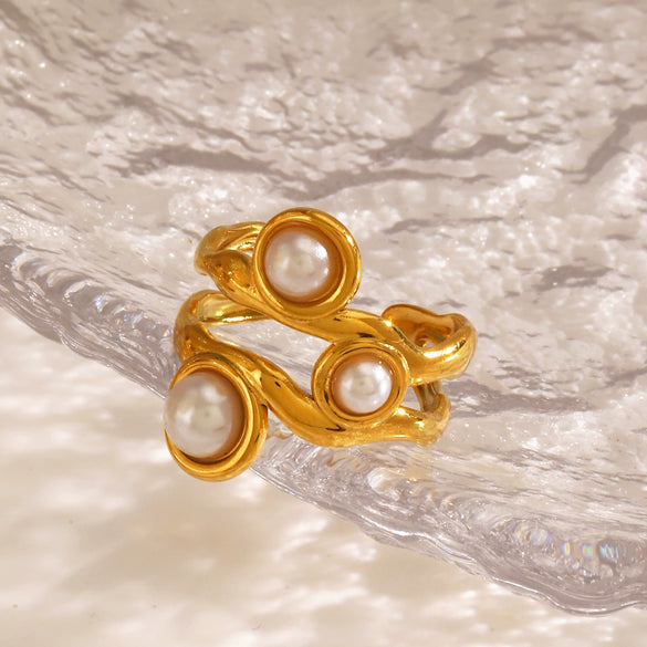 Wholesale Stainless Steel Geometric Round And Irregular Pearl Ring For Women With Electroplating