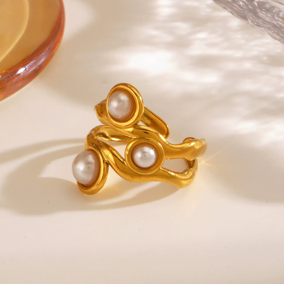 Wholesale Stainless Steel Geometric Round And Irregular Pearl Ring For Women With Electroplating