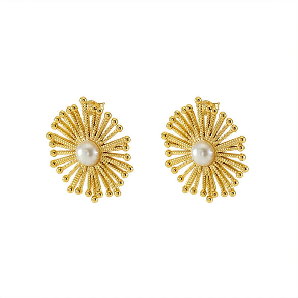 Wholesale Stainless Steel Geometric Round Dandelion Flower Pearl Earrings For Women Electroplated