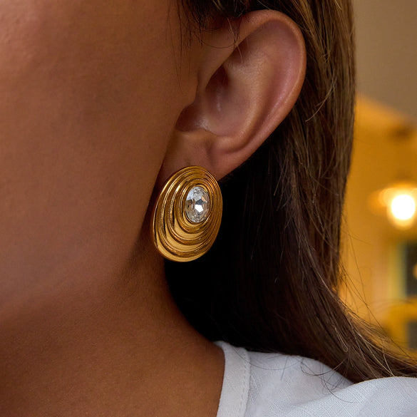 Wholesale Stainless Steel Geometric Round Earrings Retro Style With White Zircon