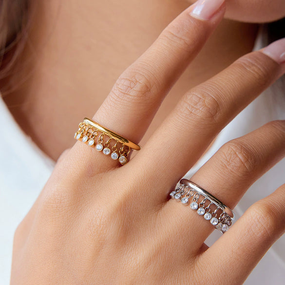 Wholesale Stainless Steel Geometric Round Zirconium Tassel Ring For Women Electroplated Jewelry