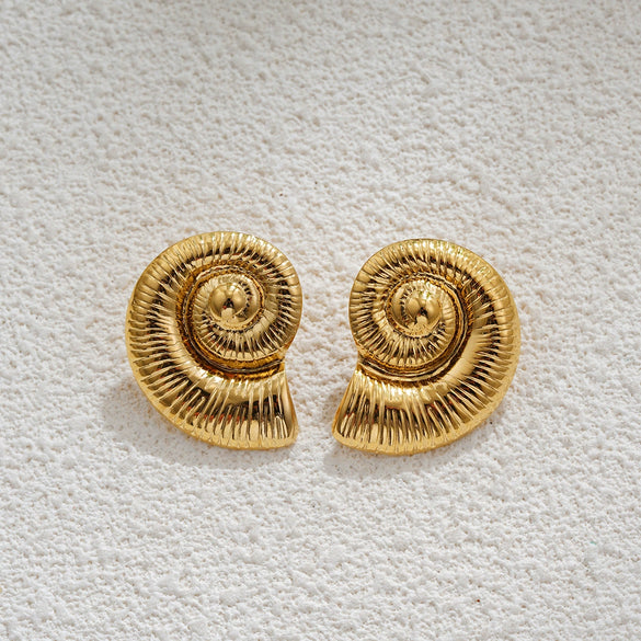 Wholesale Stainless Steel Geometric Shape Conch Texture Electroplated Women's Earrings With Retro Niche Design