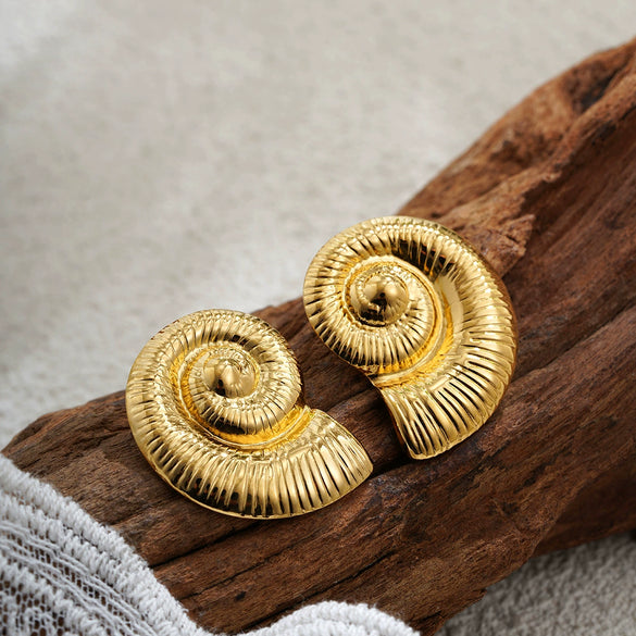 Wholesale Stainless Steel Geometric Shape Conch Texture Electroplated Women's Earrings With Retro Niche Design