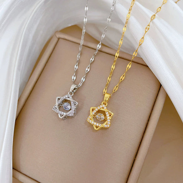 Wholesale Stainless Steel Geometric Sixpointed Star Diamond Necklace For Women And Men Light Luxury Minimalist Style