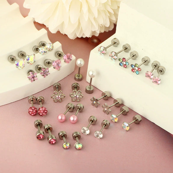 Wholesale Stainless Steel Geometric Small Flower Round Screw Earrings Electroplated Unisex