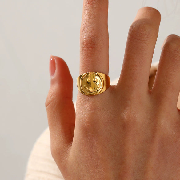 Wholesale Stainless Steel Geometric Smiley Expression Opening Adjustable Women's Ring