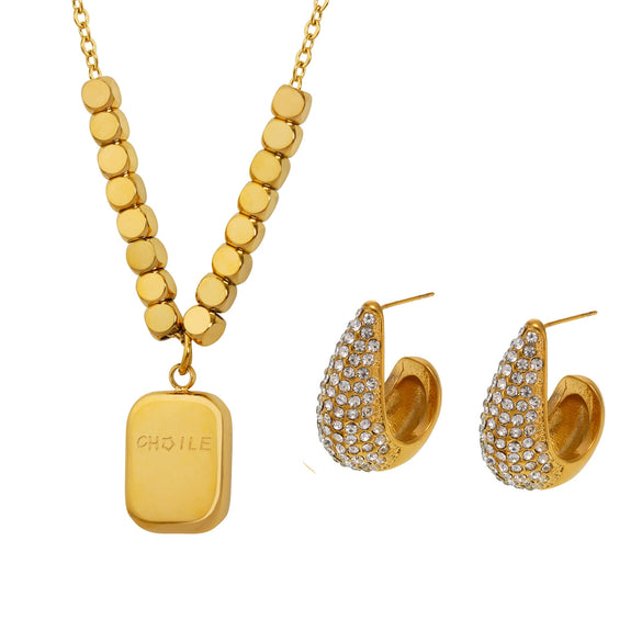 Wholesale Stainless Steel Geometric Square Carved Earrings And Pendant Necklace With Electroplating For Women