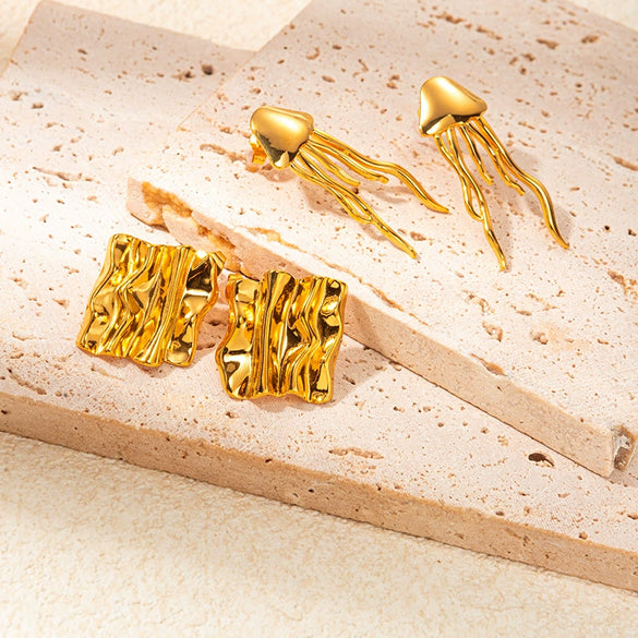 Wholesale Stainless Steel Geometric Square Pleated Jellyfish Long Tassel Earrings With Real Gold Electroplated For Women