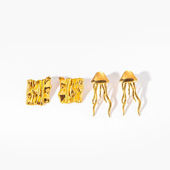 Wholesale Stainless Steel Geometric Square Pleated Jellyfish Long Tassel Earrings With Real Gold Electroplated For Women