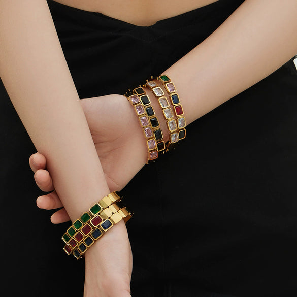 Wholesale Stainless Steel Geometric Square Stained Glass Stone 18K Gold Plated Bracelet Jewelry Accessories