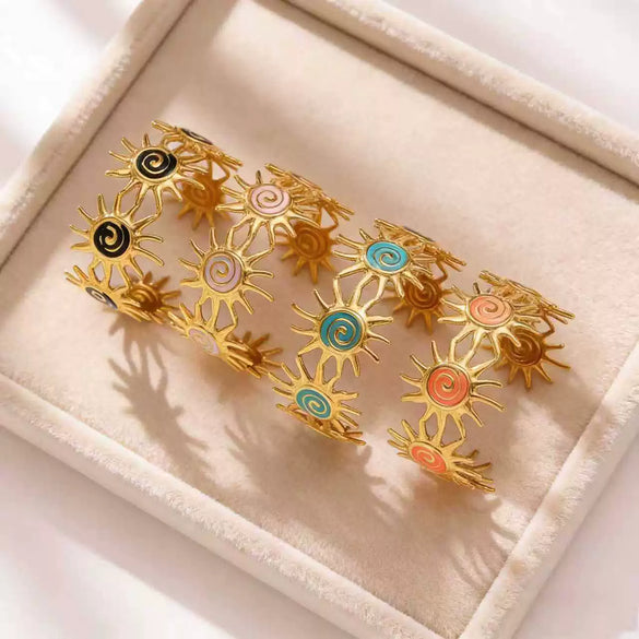 Wholesale Stainless Steel Geometric Stamped Open Bracelet With Sun Turbine Colorful Enamel Oil Drip