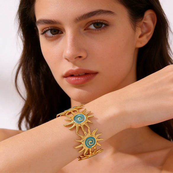 Wholesale Stainless Steel Geometric Stamped Open Bracelet With Sun Turbine Colorful Enamel Oil Drip