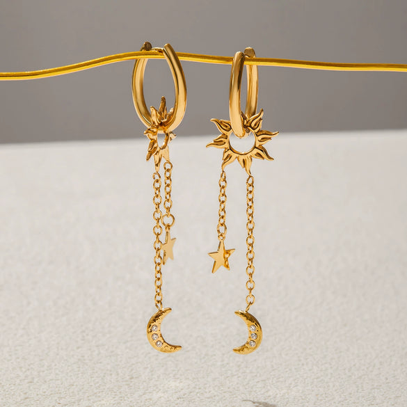 Wholesale Stainless Steel Geometric Star And Moon Tassel Earrings Light Luxury Highend Vacuum Plated In Furnace Women's Jewelry
