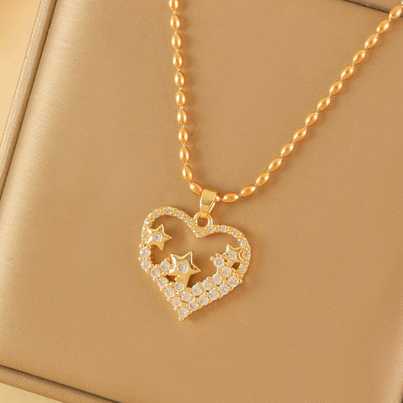 Wholesale Stainless Steel Geometric Star Pendant Necklace With Mixed Gemstone Inlay And Electroplating For Women Rice Bead Chain