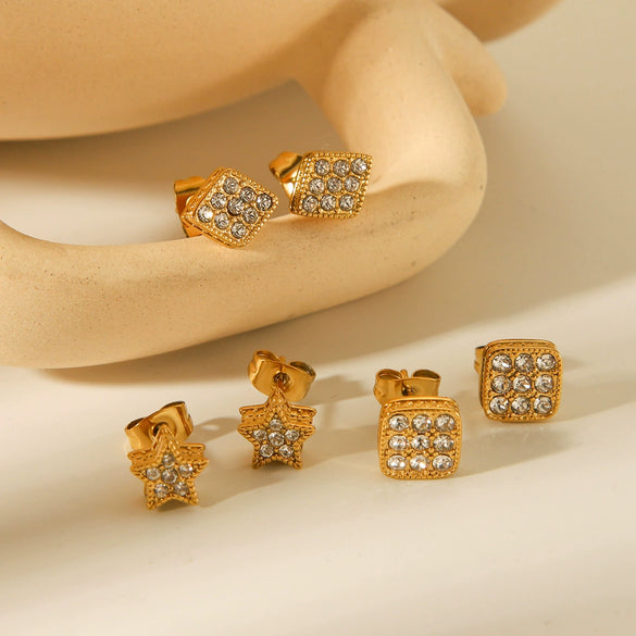 Wholesale Stainless Steel Geometric Star Stud Earrings For Women Electroplated With 18K Gold And Diamond Inlay