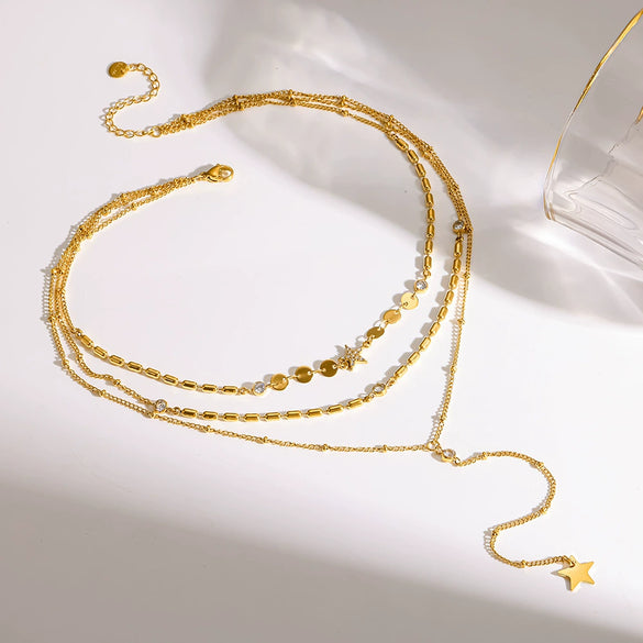Wholesale Stainless Steel Geometric Star Threelayer Stacked Yshaped Chain Necklace With Vacuum Real Gold Plating In Pvd Furnace For Women