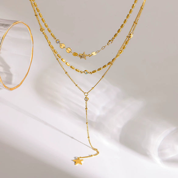 Wholesale Stainless Steel Geometric Star Threelayer Stacked Yshaped Chain Necklace With Vacuum Real Gold Plating In Pvd Furnace For Women
