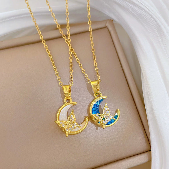 Wholesale Stainless Steel Geometric Style Moon Shell Butterfly Pendant Necklace Unisex