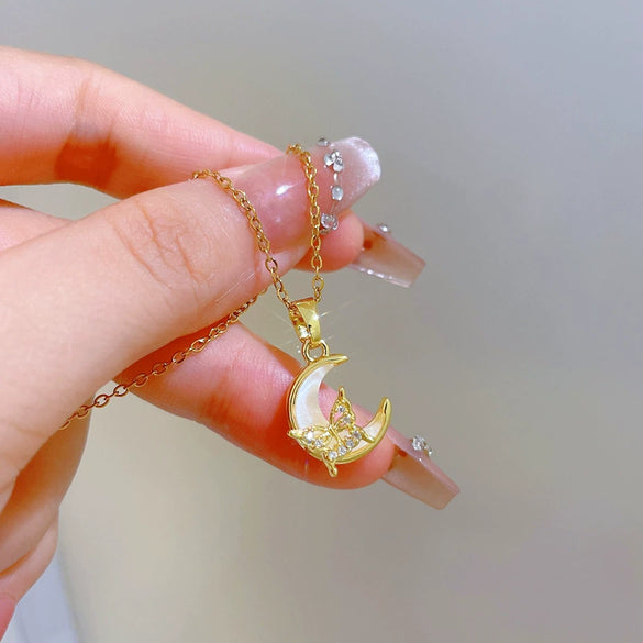 Wholesale Stainless Steel Geometric Style Moon Shell Butterfly Pendant Necklace Unisex