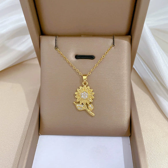 Wholesale Stainless Steel Geometric Style Sunflower Zircon Necklace For Women And Men
