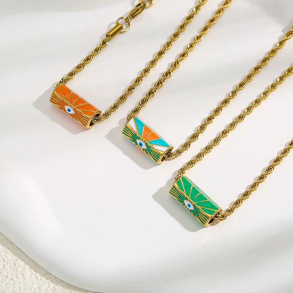 Wholesale Stainless Steel Geometric Style Twist Chain Necklace With Mixed Gemstone Pendant And Gold Plated Electroplating