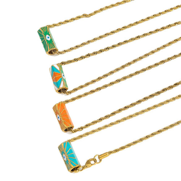 Wholesale Stainless Steel Geometric Style Twist Chain Necklace With Mixed Gemstone Pendant And Gold Plated Electroplating