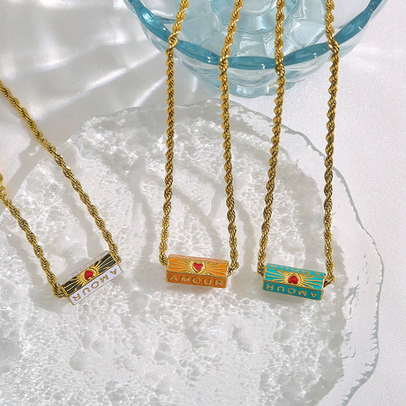 Wholesale Stainless Steel Geometric Style Twist Chain Necklace With Mixed Gemstone Pendant And Gold Plated Electroplating