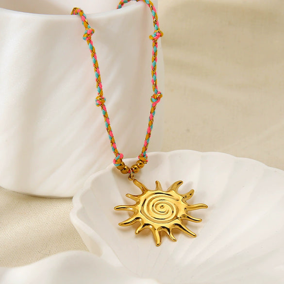 Wholesale Stainless Steel Geometric Sun Pendant Electroplated Braided Rope Necklace For Women
