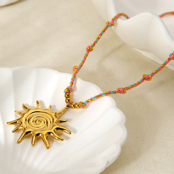 Wholesale Stainless Steel Geometric Sun Pendant Electroplated Braided Rope Necklace For Women