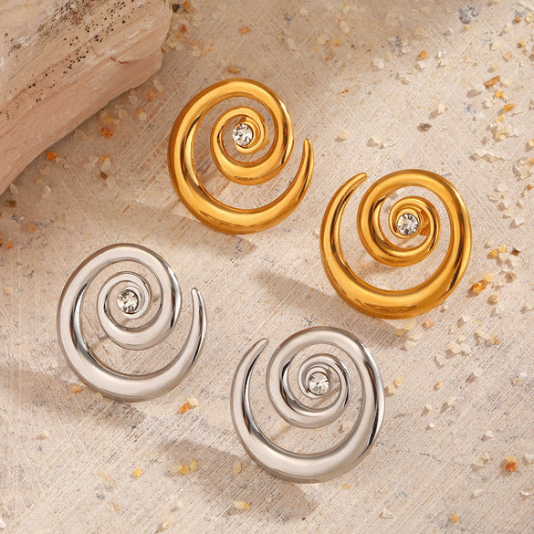 Wholesale Stainless Steel Geometric Swirl Rhinestone Rotating Earrings For Women Electroplated Simple Style