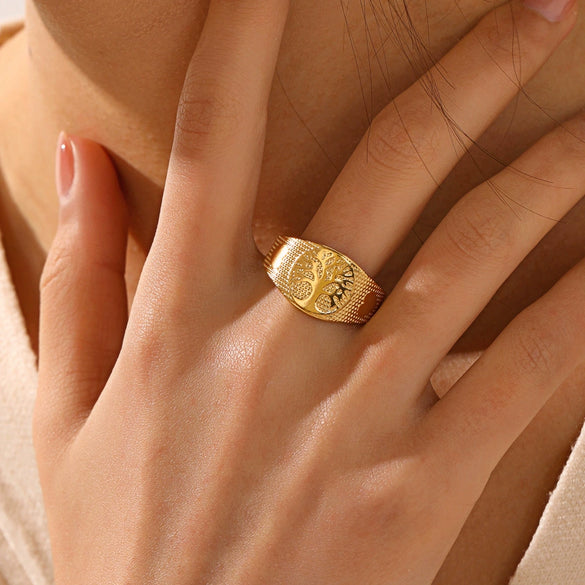 Wholesale Stainless Steel Geometric Tree Of Life Electroplated Ring For Women