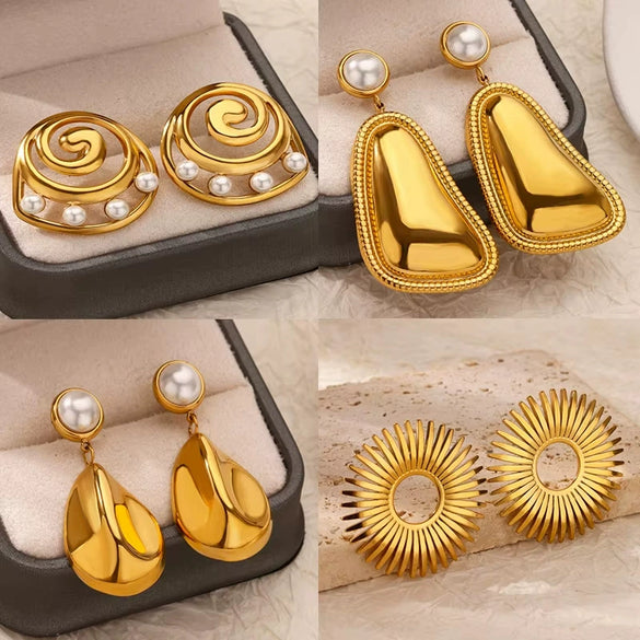 Wholesale Stainless Steel Geometric Triangular Bread Pattern Edge Hoop Earrings 18K Gold Electroplated Nonfading Jewelry