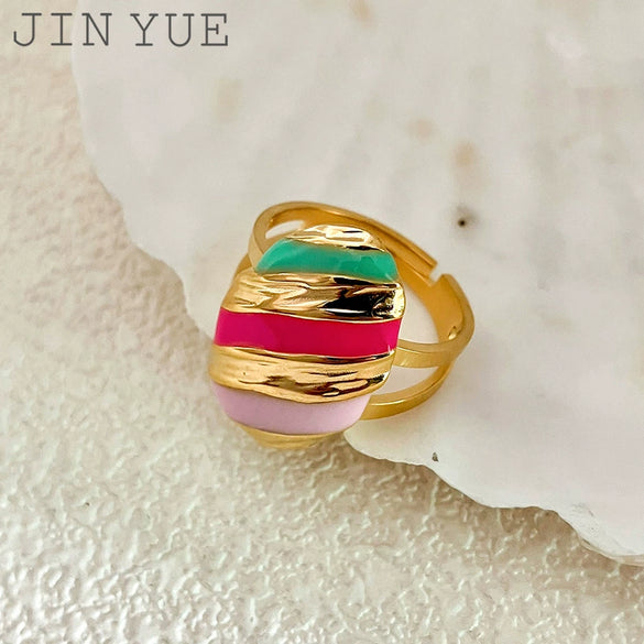 Wholesale Stainless Steel Geometric Twill Oval Open Adjustable Ring With Electroplating