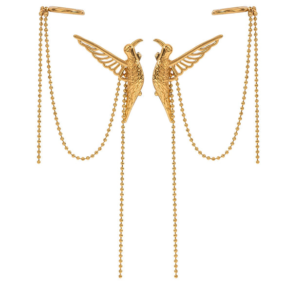 Wholesale Stainless Steel Geometric Vintage Bird Hollow Wings Bead Chain Tassel Ear Clip Earrings For Women