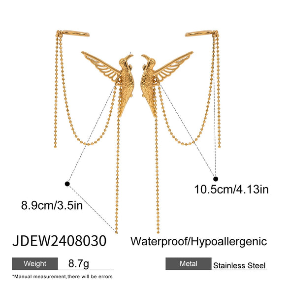 Wholesale Stainless Steel Geometric Vintage Bird Hollow Wings Bead Chain Tassel Ear Clip Earrings For Women