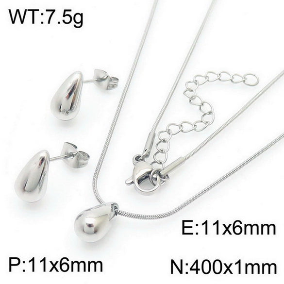 Wholesale Stainless Steel Geometric Water Drop Stud Earrings And Solid Necklace With Electroplating