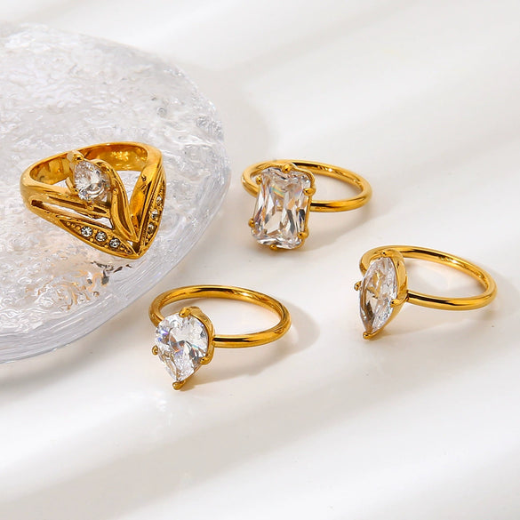 Wholesale Stainless Steel Geometric Water Drop Zircon Ring With Pvd 18K Gold Finish For Women