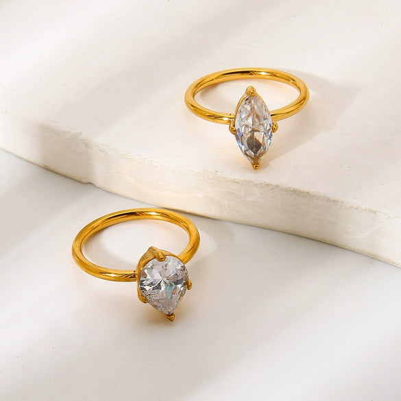 Wholesale Stainless Steel Geometric Water Drop Zircon Ring With Pvd 18K Gold Finish For Women