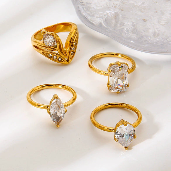 Wholesale Stainless Steel Geometric Water Drop Zircon Ring With Pvd 18K Gold Finish For Women