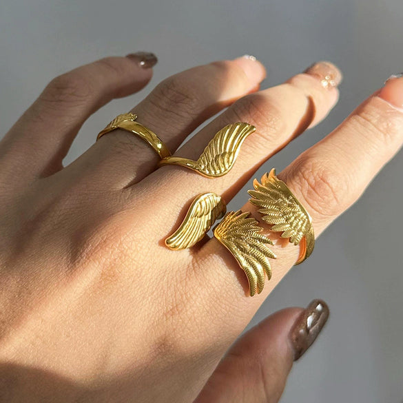 Wholesale Stainless Steel Geometric Wings Retro Style Electroplated Ring For Women