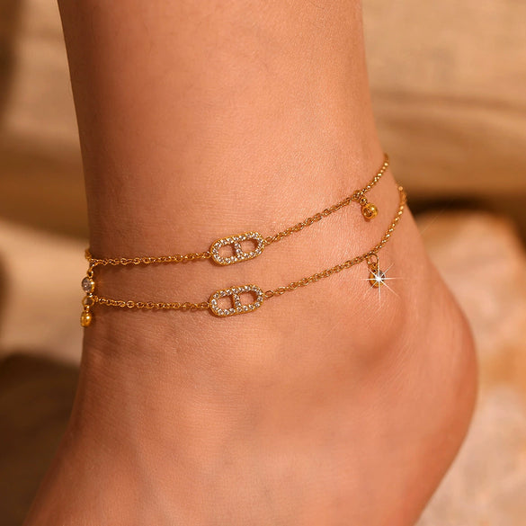 Wholesale Stainless Steel Geometric Zircon Inlay Women's Simple Foot Chain Accessories With Japanese Character Inlay Technology