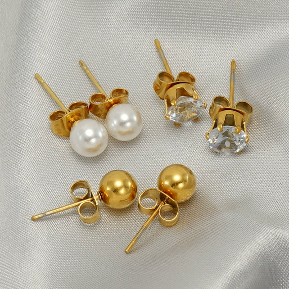 Wholesale Stainless Steel Geometric Zircon Pearl Steel Ball Earrings For Women With Electroplating Treatment