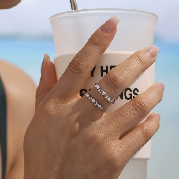 Wholesale 316L Stainless Steel Geometric Zircon Shell Bead Ring Electroplated Fashion Women's Ring