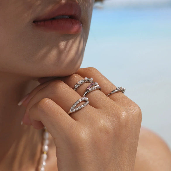 Wholesale 316L Stainless Steel Geometric Zircon Shell Bead Ring Electroplated Fashion Women's Ring