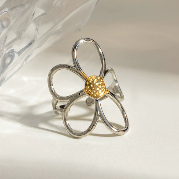Wholesale Stainless Steel Gold And Silver Color Matching Hollow Flower Geometric Retro Creative Light Luxury Adjustable Opening Ring With Electroplating