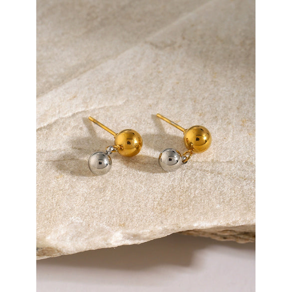 Wholesale Stainless Steel Gold And Silver Color Matching Round Bead Earrings With Geometric Design And Electroplating Finish In Ins Cold Style