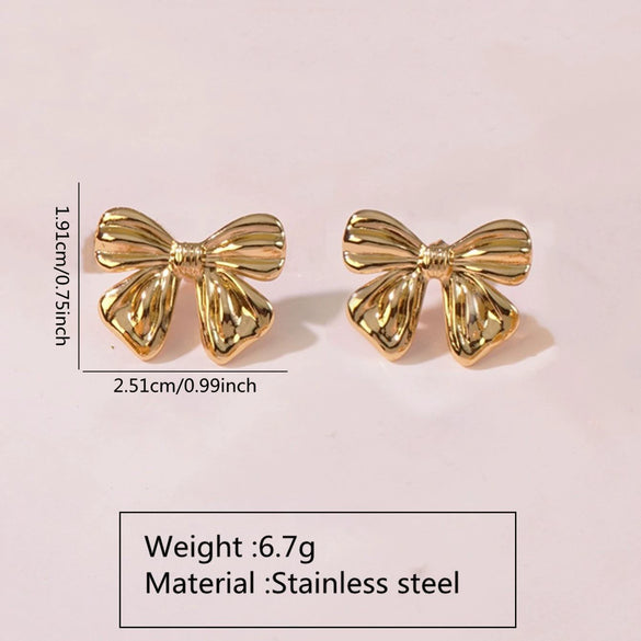 Wholesale Stainless Steel Gold Bow Earrings With Asymmetrical Hollow Embossed And Electroplated Design For Women