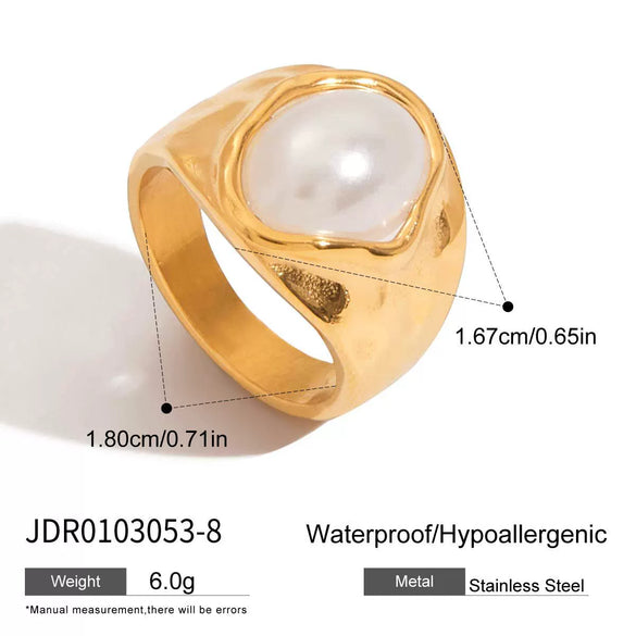 Wholesale Stainless Steel Gold Pearl Ring With Asymmetrical Exaggerated Design And Geometric Pattern Electroplated For Women