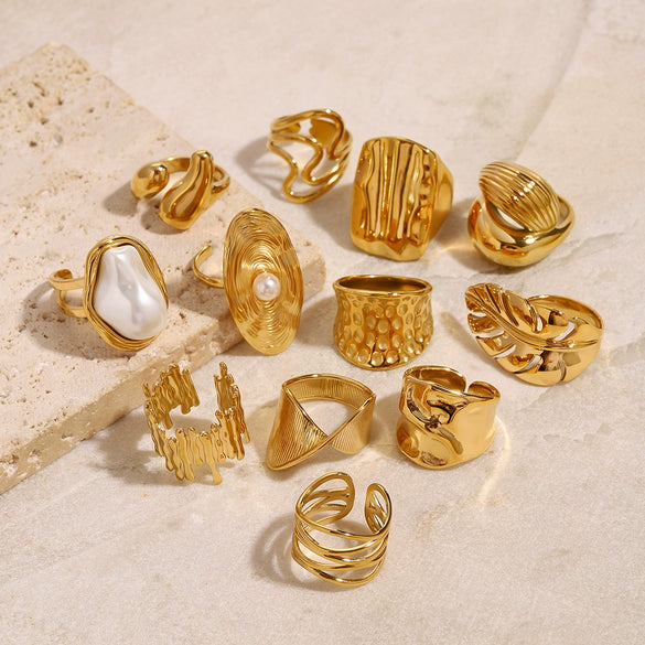 Wholesale Stainless Steel Gold Pearl Ring With Asymmetrical Exaggerated Design And Geometric Pattern Electroplated For Women