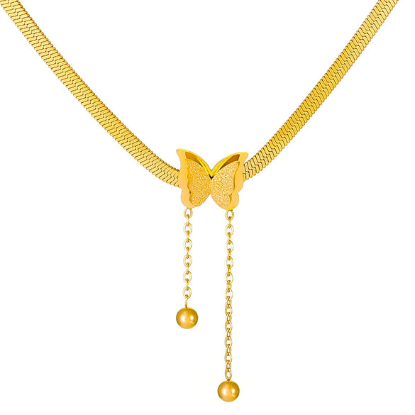 Wholesale Stainless Steel Gold Plated Frosted Animal Zodiac Butterfly Pendant Snake Bone Chain Necklace For Women